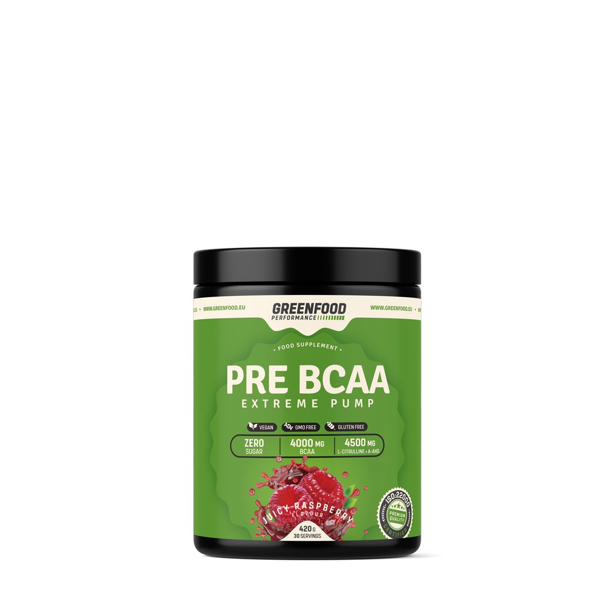 Edzés előtti aminosav italpor, GreenFood Performance Pre-BCAA, 420 g