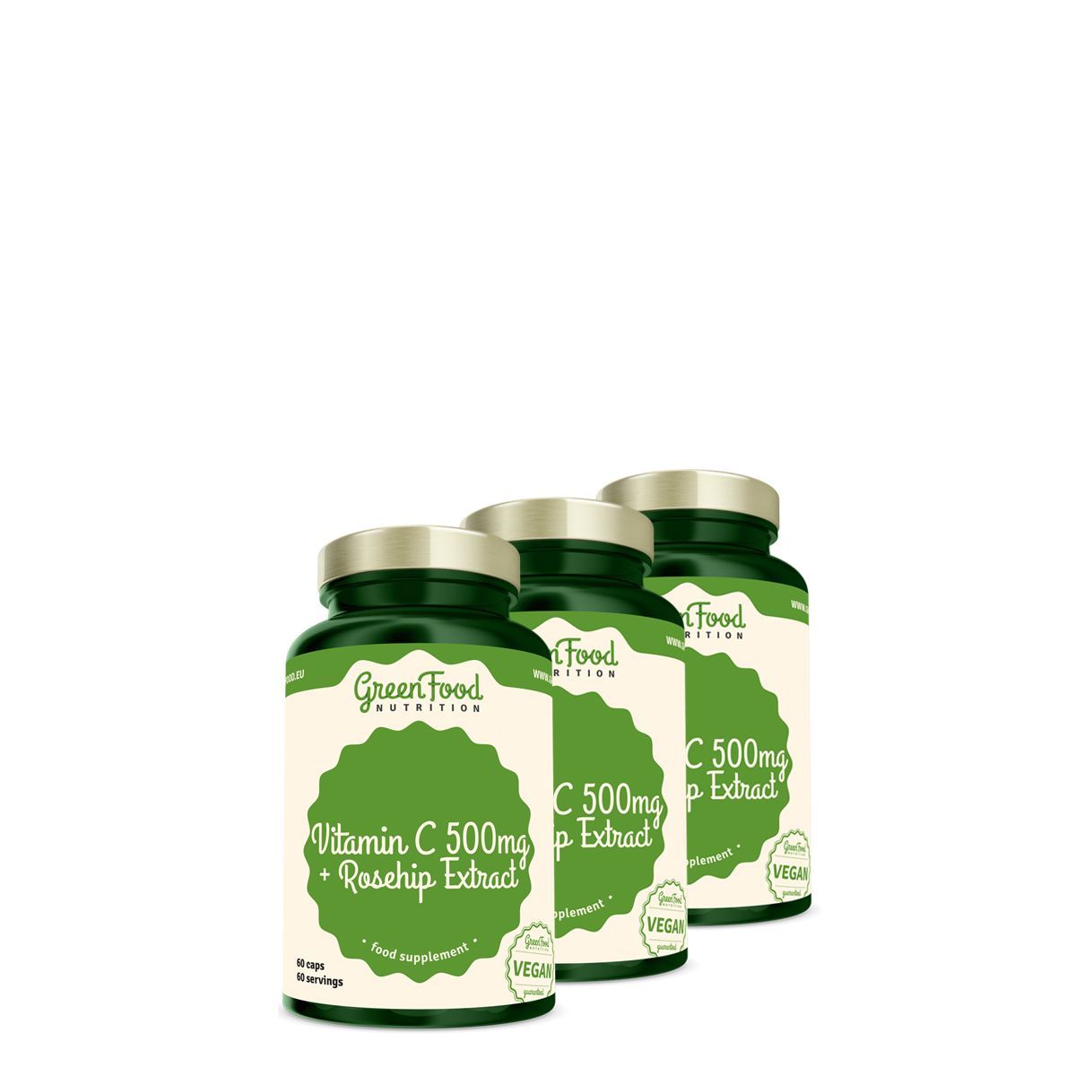 C-vitamin 500 mg + csipkebogyó, GreenFood Nutrition C-500+ Rosehip Extract, 3x60 kapszula