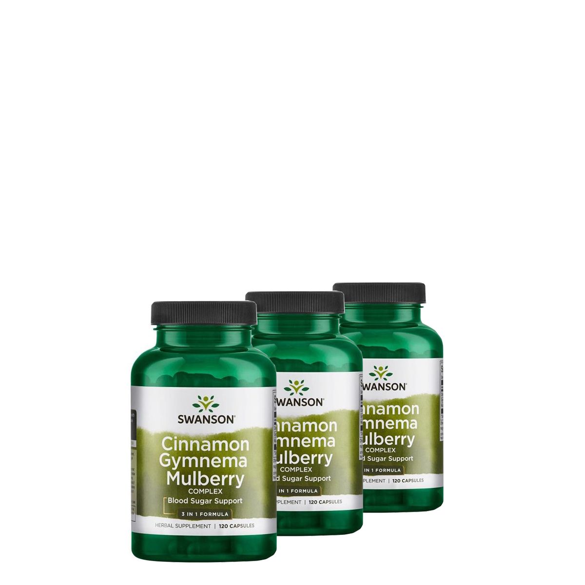 Vércukor szabályozó gyógynövény komplex, Swanson Cinnamon Gymnema & Mulberry, 3x120 kapszula