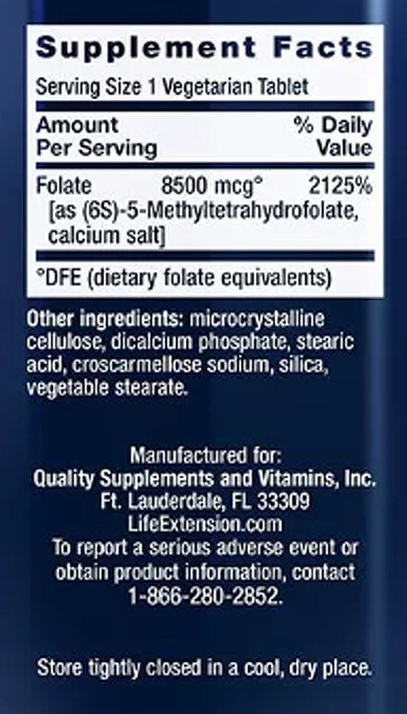 Metabolikusan aktív l-metilfolát 8500 mcg, Life Extension High Potency Optimized Folate, 30 tabletta Metabolikusan aktív l-metilfolát 8500 mcg, Life Extension High Potency Optimized Folate, 30 tabletta
