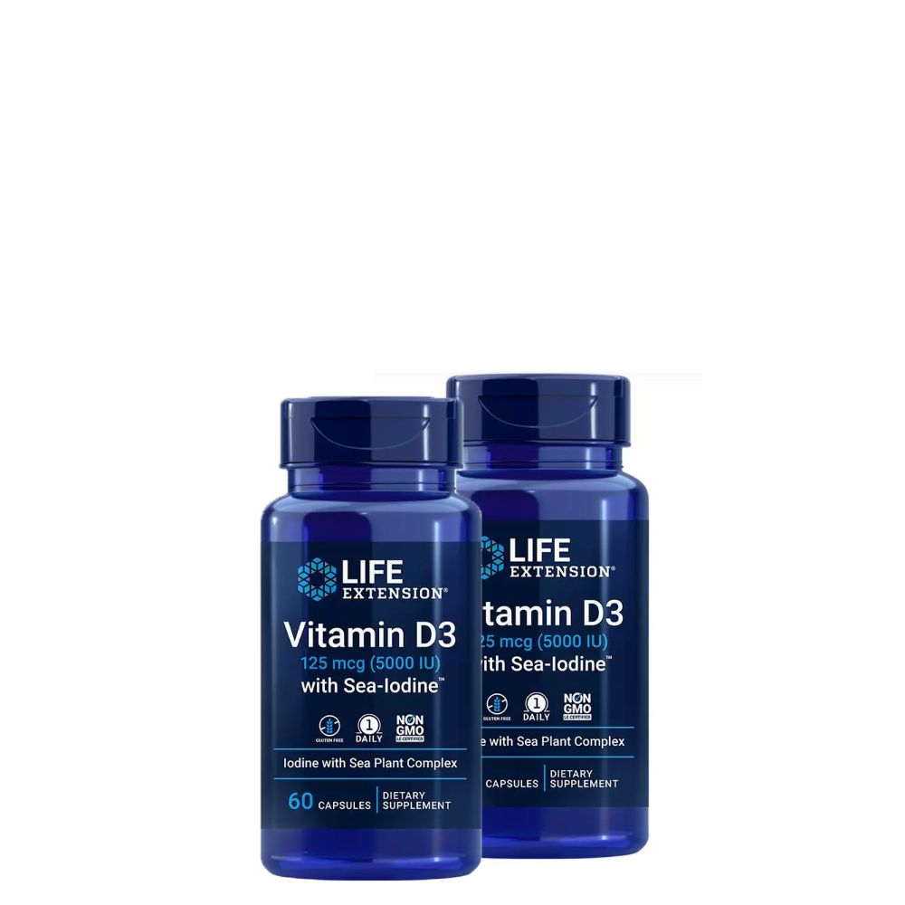 D-vitamin tengeri algával 5000IU, Life Extension Vitamin D3 with Sea-Iodine, 2x60 kapszula D-vitamin tengeri algával 5000IU, Life Extension Vitamin D3 with Sea-Iodine, 2x60 kapszula