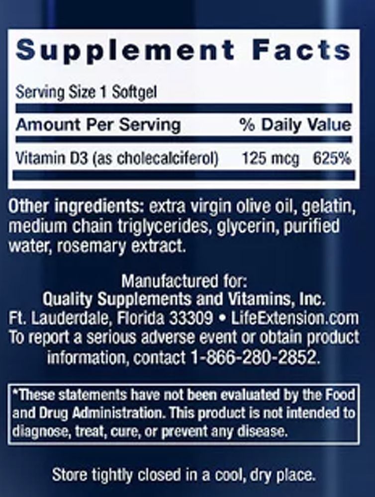 D3-Vitamin 5000 IU, Life Extension D3-vitamin, 3x60 lágykapszula