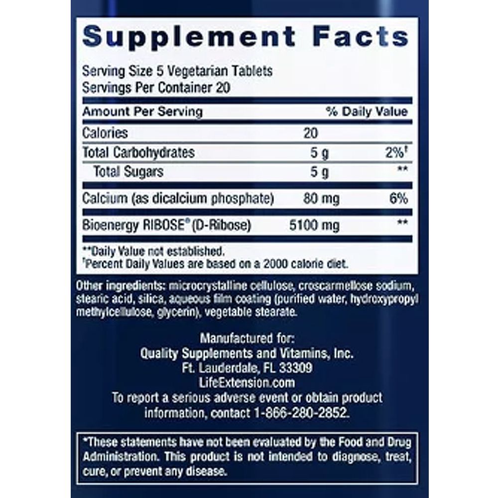 Sejt Energizáló és Szív Támogató, Life Extension D-Ribose, 100 tabletta Sejt Energizáló és Szív Támogató, Life Extension D-Ribose, 100 tabletta
