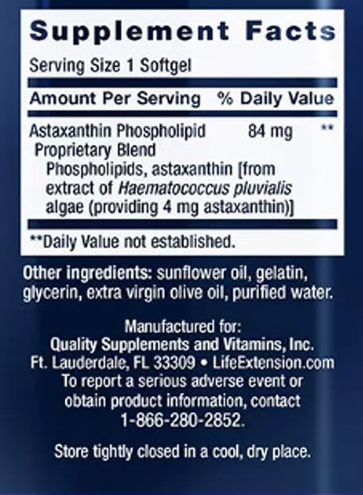 Astaxantin 4 mg, Life Extension Astaxanthin with Phospholipids, 30 lágykapszula Astaxantin 4 mg, Life Extension Astaxanthin with Phospholipids, 30 lágykapszula