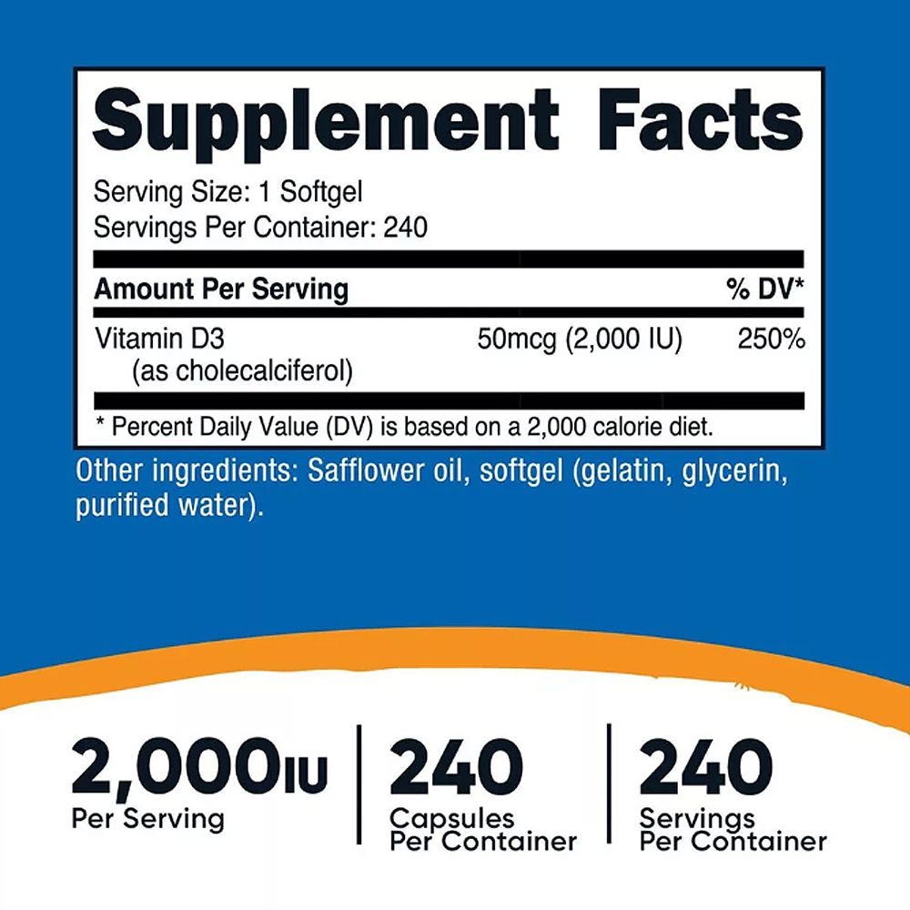 Vitamin D-3 2000 IU, Nutricost Vitamin D3, 3x240 lágykapszula
