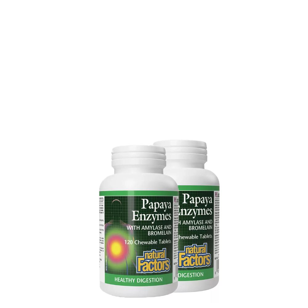 Emésztési Papaja Enzimtámogatás, Natural Factors Papaya Enzymes with Amylase and Bromelain, 2x120 rágótabletta Emésztési Papaja Enzimtámogatás, Natural Factors Papaya Enzymes with Amylase and Bromelain, 2x120 rágótabletta