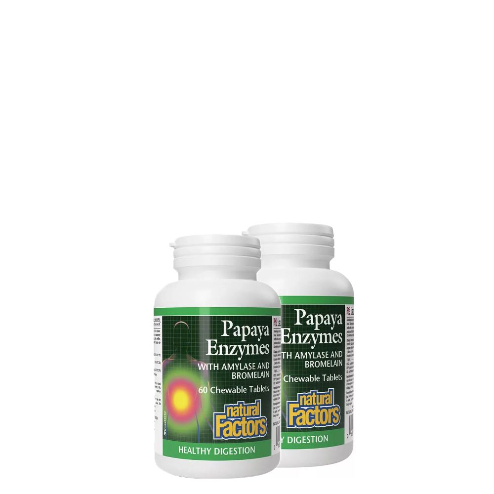 Emésztési Papaja Enzimtámogatás, Natural Factors Papaya Enzymes with Amylase and Bromelain, 2x60 rágótabletta Emésztési Papaja Enzimtámogatás, Natural Factors Papaya Enzymes with Amylase and Bromelain, 2x60 rágótabletta