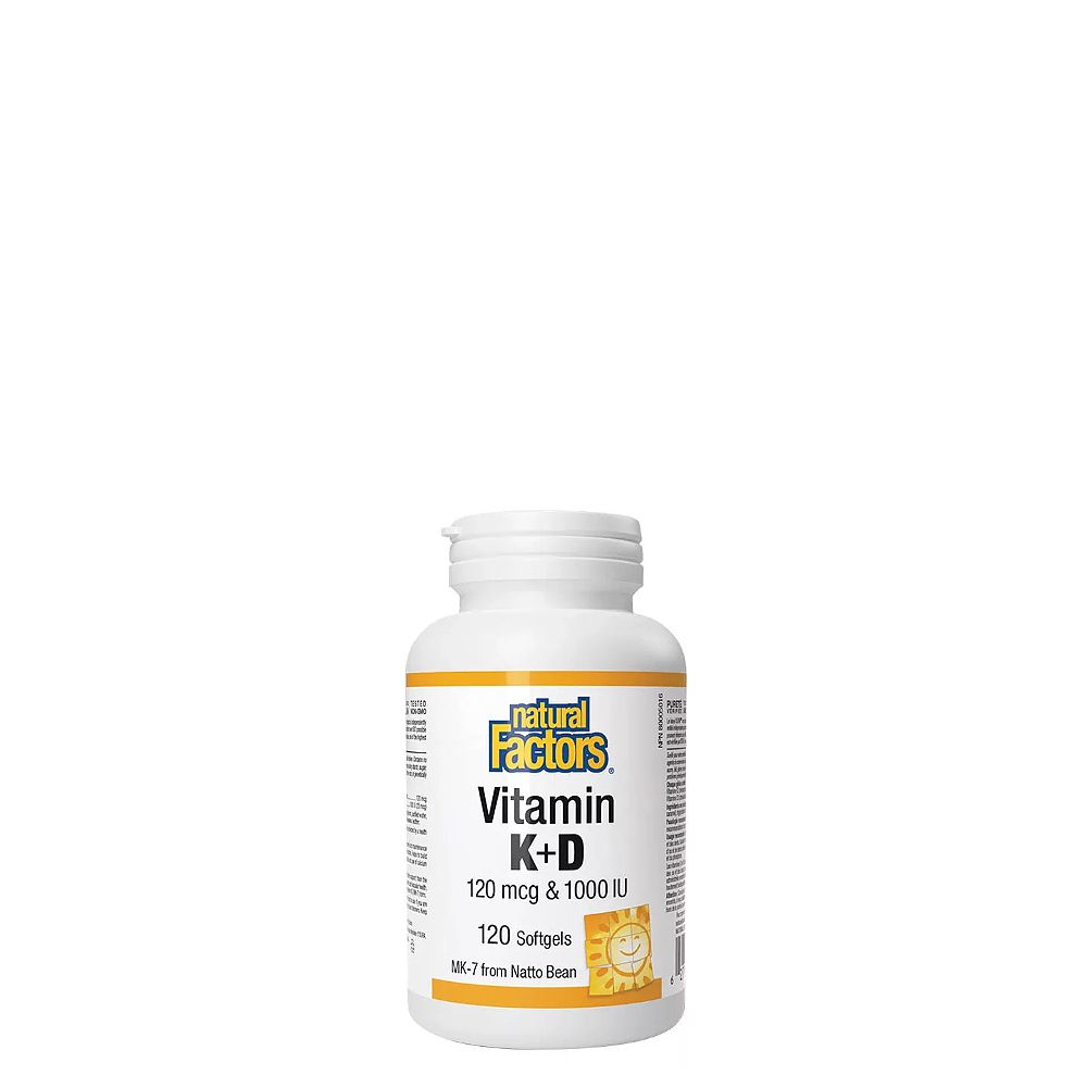 D-Vitamin 1000 IU + K-Vitamin 120 mcg, Natural Factors Vitamin K+D, 120 lágykapszula