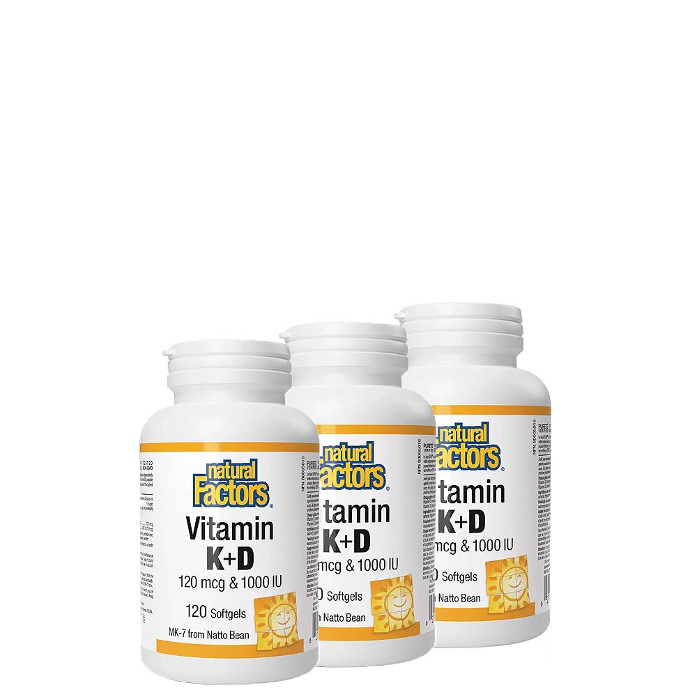 D-Vitamin 1000 IU + K-Vitamin 120 mcg, Natural Factors Vitamin K+D, 3x120 lágykapszula
