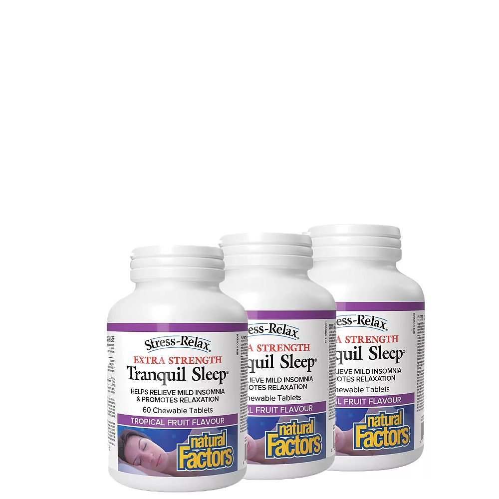 Alvássegítő komplex, Natural Factors Tranquil Sleep Extra Strength, 3x60 rágótabletta, Trópusi Gyümölcs ízben Alvássegítő komplex, Natural Factors Tranquil Sleep Extra Strength, 3x60 rágótabletta, Trópusi Gyümölcs ízben