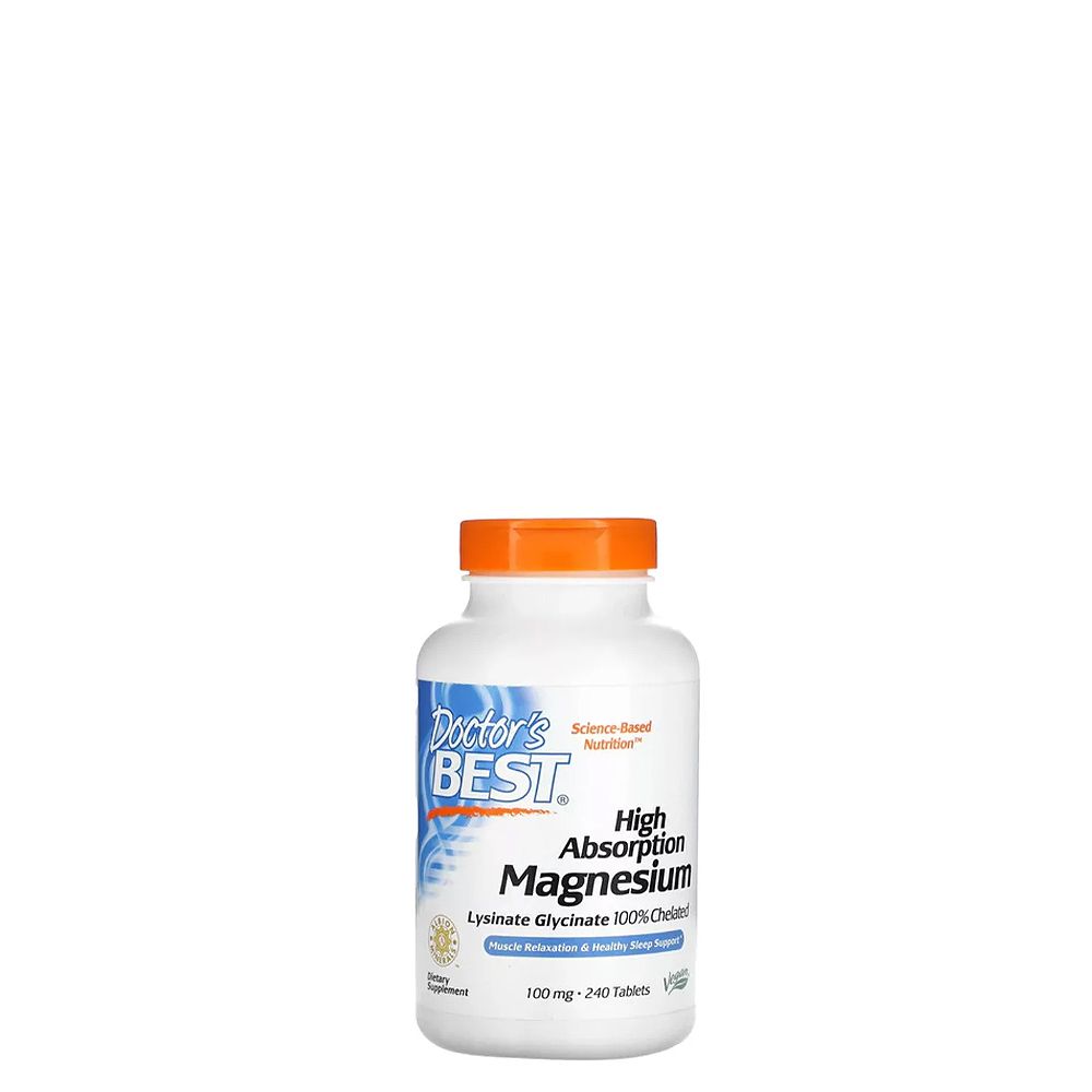 Hatékony Felszívódású Magnézium 100 mg, Doctor's Best High Absorption Magnesium, 240 tabletta Hatékony Felszívódású Magnézium 100 mg, Doctor's Best High Absorption Magnesium, 240 tabletta