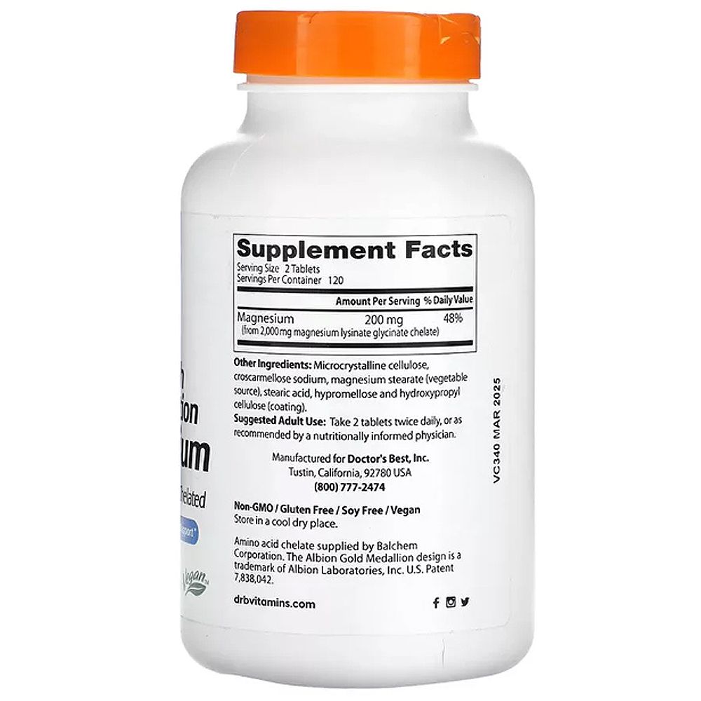 Hatékony Felszívódású Magnézium 100 mg, Doctor's Best High Absorption Magnesium, 120 tabletta