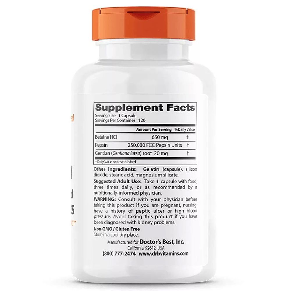 Emésztőenzim Pepsin, Doctor's Best Betaine HCL Pepsin, 120 kapszula Emésztőenzim Pepsin, Doctor's Best Betaine HCL Pepsin, 120 kapszula