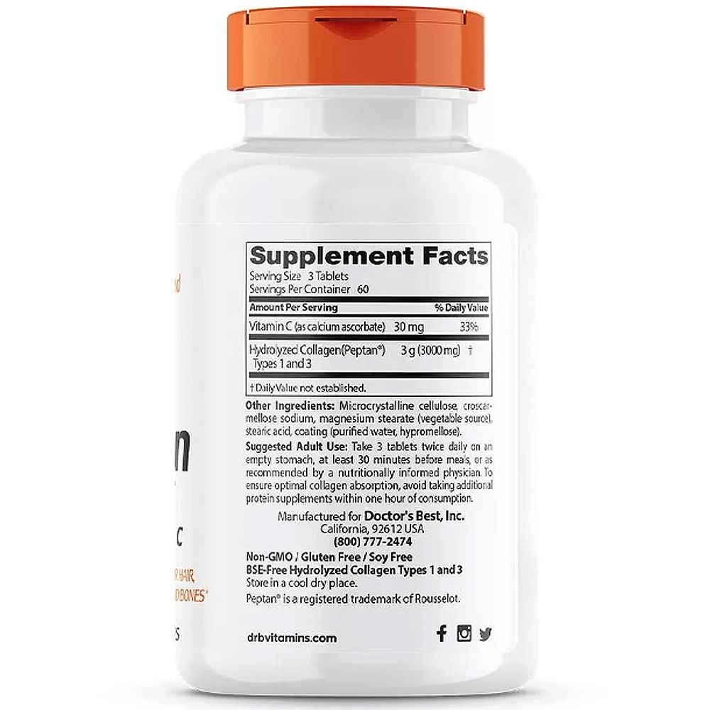 1. és 3. Típusú Kollagén + C-Vitamin 1000 mg, Doctor's Best Collagen Types 1 and 3, 180 tabletta