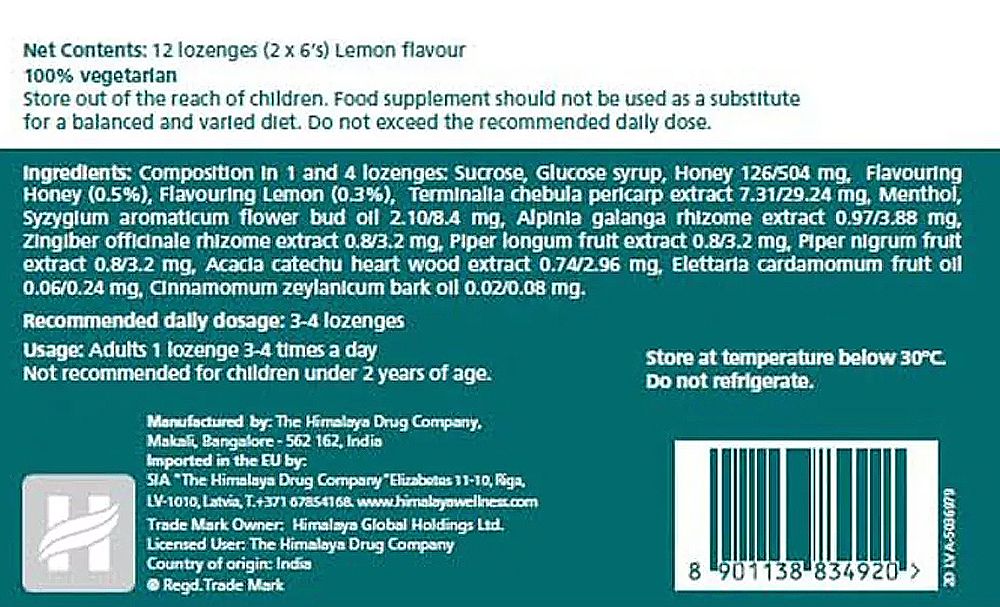 Torokcukorka, Himalaya Koflet-H , 12 szopogató tabletta, citrom ízben Torokcukorka, Himalaya Koflet-H , 12 szopogató tabletta, citrom ízben