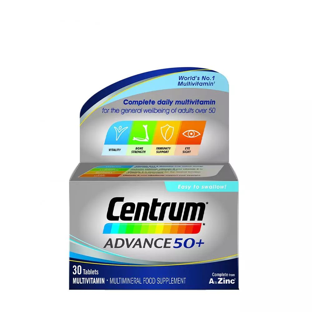 Centrum Advance 50+ - Teljeskörű napi mutivitamin az általános jóllétért 50 év felett - 30 tabletta - EXP.2025.12.31.