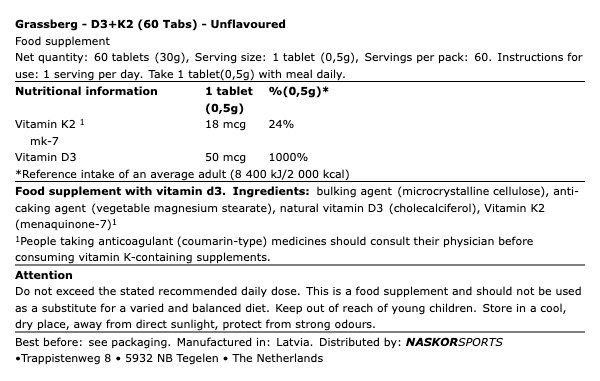D3- és K2-vitamin, Grassberg D3+K2, 60 tabletta