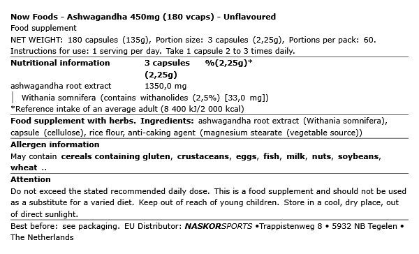 Ashwagandha kivonat 450 mg, Now Ashwagandha, 180 kapszula