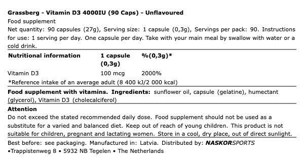 D3-vitamin 4000 IU, Grassberg Vitamin D3, 90 kapszula