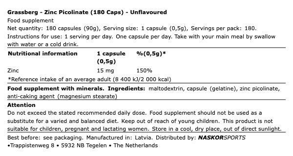 Cink pikolinát, Grassberg Zinc Picolinate, 180 kapszula