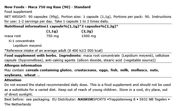 Nyers maca gyökér 750 mg, Now Maca Raw, 90 kapszula