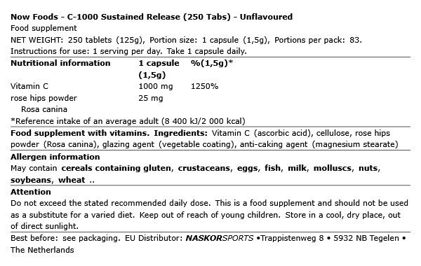 Elnyújtott felszívódású C-vitamin 1000 mg, Now C-1000 Sustained Release, 250 tabletta