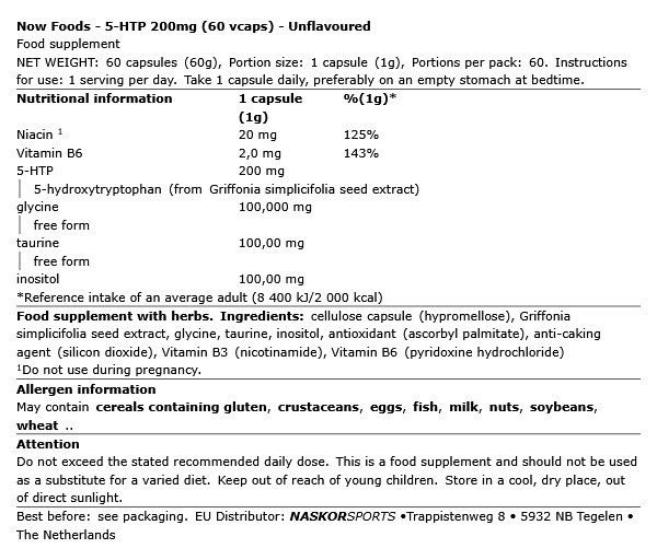 5-hidroxi-triptofán 200 mg, Now 5-HTP, 60 kapszula