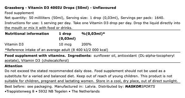 D3-vitamin csepp 400 IU, Grassberg Vitamin D3 Drops, 50 ml D3-vitamin csepp 400 IU, Grassberg Vitamin D3 Drops, 50 ml