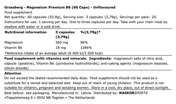 Magnézium B6-vitaminnal, Grassberg Magnesium Premium B6, 60 kapszula