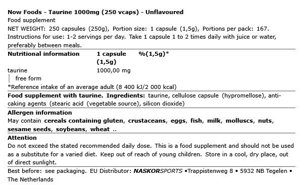 Taurin aminosav 1000 mg, Now Taurine, 250 kapszula Taurin aminosav 1000 mg, Now Taurine, 250 kapszula