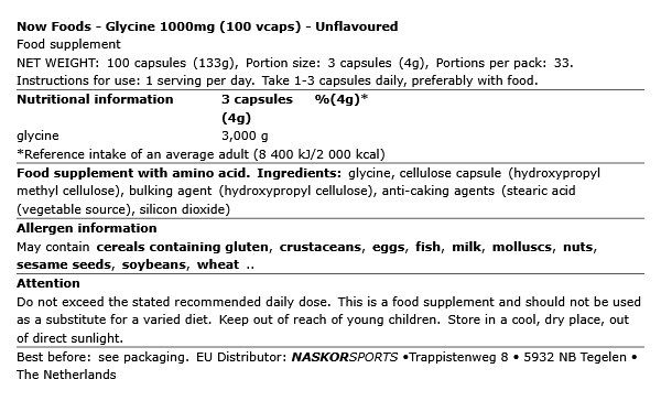 Glicin aminosav 1000 mg, Now Glycine, 100 kapszula Glicin aminosav 1000 mg, Now Glycine, 100 kapszula