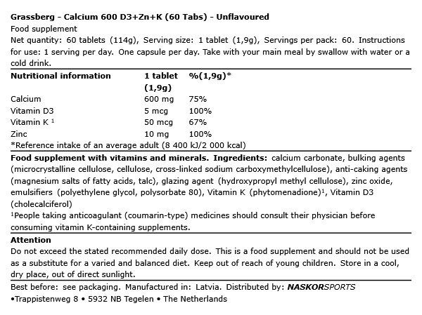 Kálcium 600 mg D3-vitaminnal, cinkkel és K-vitaminnal, Grassberg Calcium 600 D3+Zn+K, 60 tabletta