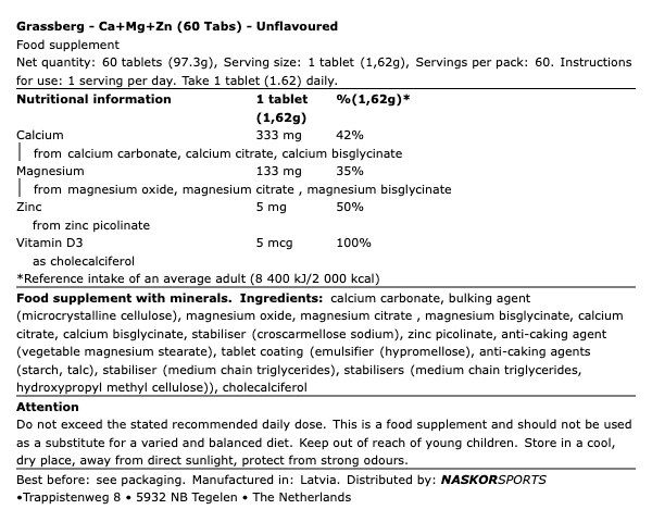 Kálcium, magnézium és cink, Grassberg Ca+Mg+Zn, 60 tabletta Kálcium, magnézium és cink, Grassberg Ca+Mg+Zn, 60 tabletta