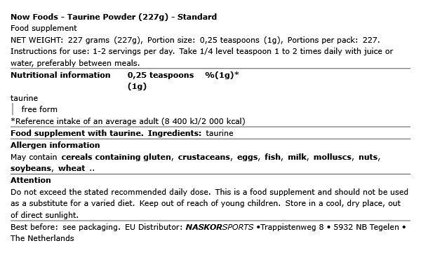 Taurin por, Now Taurine Powder, 227 g Taurin por, Now Taurine Powder, 227 g