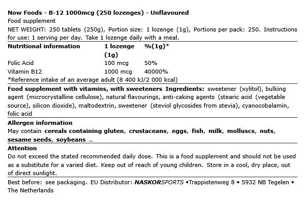 B-12 vitamin 1000 mcg szopogató tabletta, Now B-12, 250 szopogató tabletta