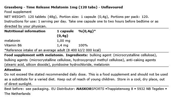 Elnyújtott felszívódású melatonin 1 mg, Grassberg Time Release Melatonin, 120 tabletta Elnyújtott felszívódású melatonin 1 mg, Grassberg Time Release Melatonin, 120 tabletta