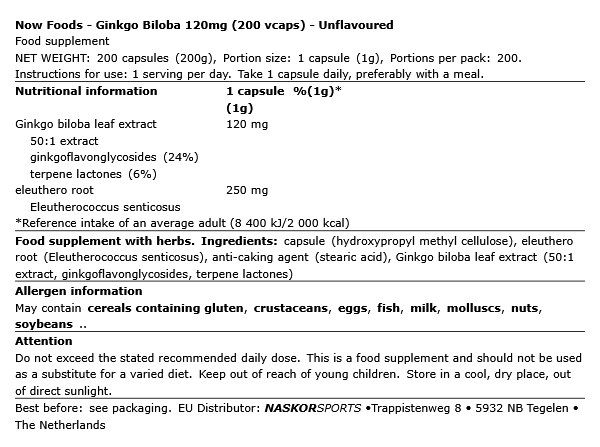 Ginkgo biloba 120 mg, Now Ginkgo Biloba, 200 kapszula Ginkgo biloba 120 mg, Now Ginkgo Biloba, 200 kapszula