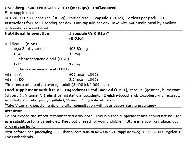 Csukamájolaj A- és D-vitaminnal, Grassberg Cod Liver Oil + A + D, 60 kapszula Csukamájolaj A- és D-vitaminnal, Grassberg Cod Liver Oil + A + D, 60 kapszula