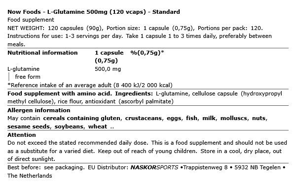 L-glutamin 500 mg, Now L-Glutamine, 120 kapszula