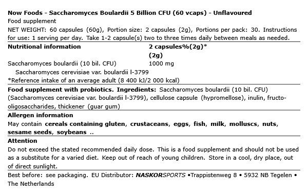 Saccharomyces boulardii probiotikum 5 milliárd CFU, Now Saccharomyces Boulardii, 60 kapszula
