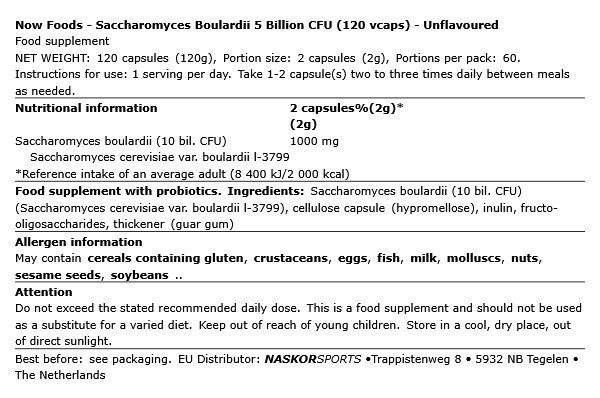 Saccharomyces boulardii probiotikum 5 milliárd CFU, Now Saccharomyces Boulardii, 120 kapszula Saccharomyces boulardii probiotikum 5 milliárd CFU, Now Saccharomyces Boulardii, 120 kapszula