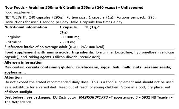 Arginin 500 mg és citrullin 250 mg, Now Arginine & Citrulline, 240 kapszula