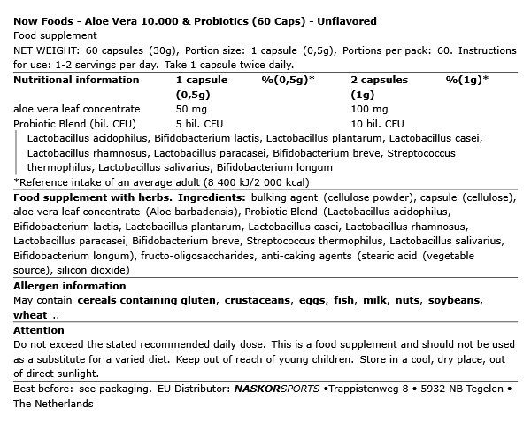 Aloe vera 10.000 mg probiotikumokkal, Now Aloe Vera & Probiotics, 60 kapszula