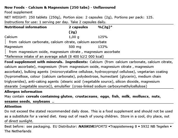 Kálcium és magnézium, Now Calcium & Magnesium, 250 tabletta Kálcium és magnézium, Now Calcium & Magnesium, 250 tabletta