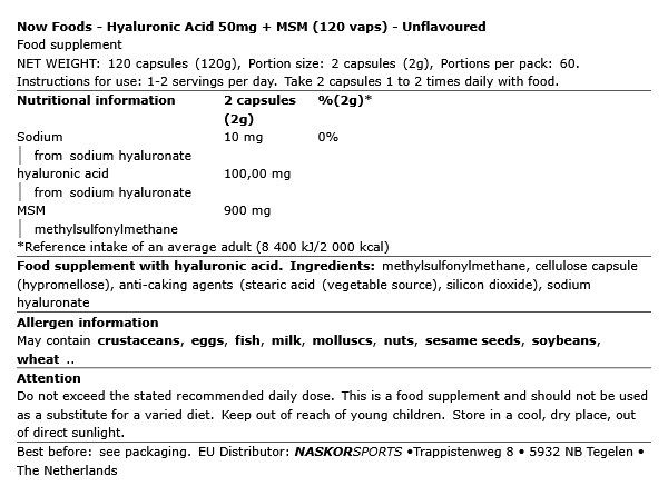 Hialuronsav 50 mg + MSM, Now Hyaluronic Acid with MSM, 120 kapszula Hialuronsav 50 mg + MSM, Now Hyaluronic Acid with MSM, 120 kapszula