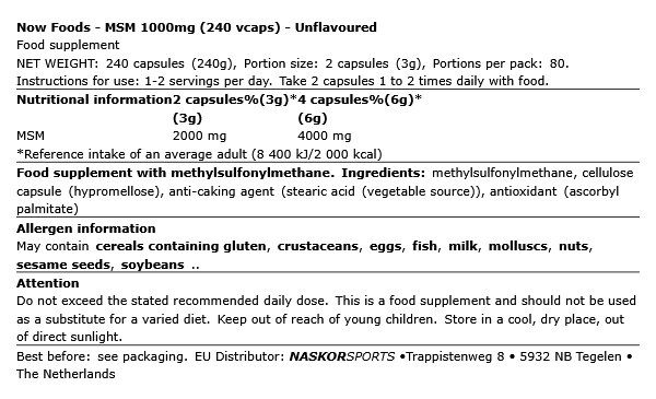 MSM 1000 mg, Now MSM, 240 kapszula