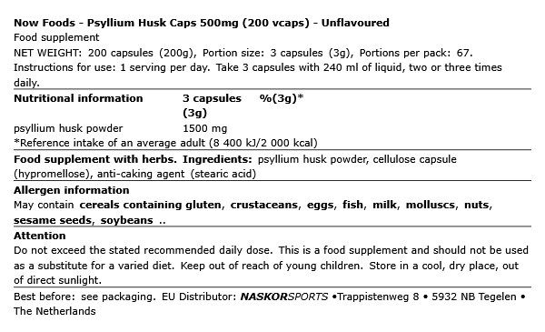 Útifű maghéj 500 mg, Now Psyllium Husk, 200 kapszula