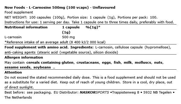 Öregedésgátló L-karnozin 500 mg, Now L-Carnosine, 100 kapszula