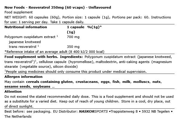 Rezveratrol 350 mg, Now Resveratrol, 60 kapszula