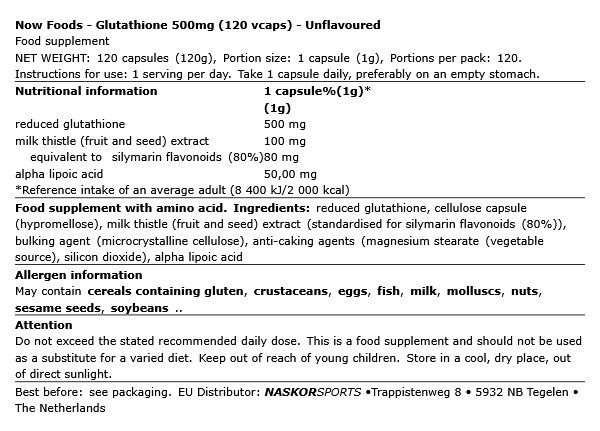 Szabadgyök semlegesítő glutation 500 mg, Now Glutathione, 120 kapszula